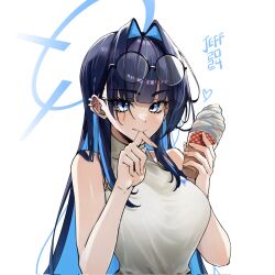 Rule 34 | 1girl, bare shoulders, black-framed eyewear, black hair, blue eyes, blue hair, blush, breasts, closed mouth, colored inner hair, ear blush, ear piercing, eyewear on head, finger to mouth, food, glasses, hair intakes, halo, hand up, heart, highres, holding, holding food, holding ice cream, hololive, hololive english, ice cream, jeffraeson, large breasts, long bangs, long hair, looking at viewer, multicolored hair, ouro kronii, piercing, round eyewear, shirt, sidelocks, simple background, sleeveless, sleeveless shirt, smile, solo, straight hair, turtleneck, turtleneck shirt, upper body, virtual youtuber, white background, white shirt