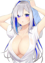 Rule 34 | 1girl, :o, absurdres, alternate breast size, alternate hair length, alternate hairstyle, amane kanata, asymmetrical bangs, asymmetrical hair, blue eyes, blue hair, breasts, collarbone, collared shirt, colored inner hair, covered erect nipples, dress shirt, gradient eyes, hair over one eye, highres, hololive, large breasts, long hair, looking at viewer, mugiwara boushi (a26666221), multicolored eyes, multicolored hair, no bra, open clothes, open shirt, purple eyes, shirt, short sleeves, silver hair, single hair intake, solo, streaked hair, virtual youtuber, white shirt
