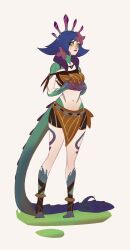 Rule 34 | 1girl, bare shoulders, blue hair, colored skin, crop top, flower, freckles, full body, grass, green skin, hair flower, hair ornament, highres, league of legends, lizard tail, medium hair, multicolored skin, navel, neeko (league of legends), orange skirt, own hands together, purple hair, red flower, skirt, slit pupils, solo, standing, stomach, tail, two-tone skin, vix (vixonormi), white background, yellow eyes