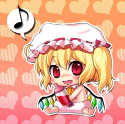 Rule 34 | 1girl, :d, baby, baby bottle, bad id, bad pixiv id, barefoot, blonde hair, blood, bottle, chibi, fang, female focus, flandre scarlet, hat, heart, mob cap, mokku, musical note, open mouth, quaver, red eyes, ribbon, short hair, side ponytail, sitting, slit pupils, smile, solo, speech bubble, spoken musical note, touhou, vampire, wings