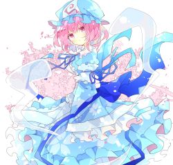 Rule 34 | 1girl, arm ribbon, back bow, blue bow, blue hat, blue kimono, blue ribbon, bow, cherry blossoms, commentary, expressionless, feet out of frame, frilled kimono, frilled sleeves, frills, from side, ghost, hat, head tilt, highres, japanese clothes, kimono, long sleeves, looking at viewer, medium hair, mob cap, neck ribbon, nikorashi-ka, petals, pink eyes, pink hair, ribbon, saigyouji yuyuko, sleeves past fingers, sleeves past wrists, solo, symbol-only commentary, touhou, triangular headpiece, white background, wide sleeves