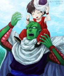 Rule 34 | 1boy, 1girl, acha, annoyed, black hair, cape, child, closed eyes, cloud, colored skin, day, dougi, dragon ball, dragonball z, green skin, happy, looking at another, open mouth, pan (dragon ball), piccolo, short hair, sky, smile, turban, wristband
