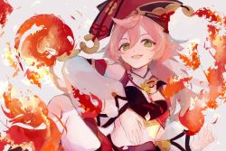 Rule 34 | 1girl, breasts, detached sleeves, fire, genshin impact, green eyes, grey background, hat, horns, leg up, long hair, midriff, open mouth, pink hair, red hat, simple background, small breasts, solo, upper body, x ymd, yanfei (genshin impact)