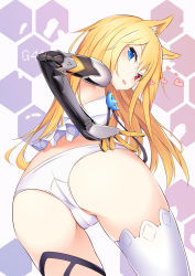 Rule 34 | 1girl, ai cao, animal ears, ass, blonde hair, blue eyes, blush, character name, g41 (girls&#039; frontline), girls&#039; frontline, heart, heterochromia, highres, honeycomb (pattern), honeycomb background, long hair, looking at viewer, looking back, mechanical arms, panties, red eyes, single mechanical arm, single thighhigh, solo, thighhighs, underwear, very long hair, white panties, white thighhighs