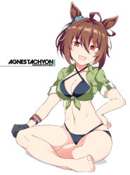 Rule 34 | 1girl, agnes tachyon (lunatic lab) (umamusume), agnes tachyon (umamusume), ahoge, barefoot, bikini, black bikini, black gloves, bracelet, breasts, brown hair, character name, cleavage, commentary request, criss-cross halter, crossed legs, feet, gloves, green shirt, hair between eyes, halterneck, hand on own hip, indian style, jewelry, medium breasts, navel, official alternate costume, on ground, open mouth, shigino sohuzi, shirt, short hair, single glove, sitting, sleeves rolled up, smile, solo, swimsuit, tied shirt, umamusume