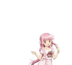 Rule 34 | 1girl, :d, blunt bangs, blush, bracelet, braid, buttons, character print, charlotte (madoka magica), clenched hands, dot nose, frilled skirt, frilled suspenders, frills, hands up, jewelry, long hair, looking at viewer, low-tied long hair, low ponytail, magia record: mahou shoujo madoka magica gaiden, mahou shoujo madoka magica, official art, open mouth, pink eyes, pink gemstone, pink hair, pink skirt, print shirt, puffy short sleeves, puffy sleeves, ring, shirt, short sleeves, side braids, sidelocks, simple background, skirt, smile, solo, suspender skirt, suspenders, tamaki iroha, transparent background, twin braids, upper body, very long hair, white shirt