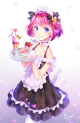 Rule 34 | 1girl, bare shoulders, blue eyes, cake, choker, collarbone, food, gradient background, ice cream, kaminary, looking at viewer, maid, maid headdress, original, pantyhose, pink hair, short hair, smile, solo, sundae, tray, wafer stick, white pantyhose