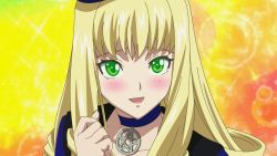 Rule 34 | 00s, 1girl, :d, adilisia lenn mathers, blonde hair, choker, collarbone, green eyes, highres, long hair, looking at viewer, open mouth, rental magica, shaded face, smile, solo, upper body, vector trace
