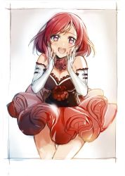 Rule 34 | 10s, 1girl, :d, bare shoulders, blush, breasts, choker, cleavage, dress, elbow gloves, fingerless gloves, frilled dress, frills, gloves, hands on own face, looking at viewer, love live!, love live! school idol festival, love live! school idol project, medium breasts, nishikino maki, open mouth, purple eyes, red hair, short dress, smile, solo, tibino