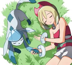 Rule 34 | 1girl, absurdres, bare shoulders, bracelet, closed eyes, creatures (company), game freak, gen 4 pokemon, glaceon, grass, highres, irida (pokemon), jewelry, light brown hair, mikan (mikan no happa), necklace, nintendo, on grass, pokemon, pokemon (creature), pokemon legends: arceus, red shirt, shirt, short hair, short shorts, shorts, sleeping, sleeveless, sleeveless shirt, white shorts