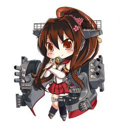 Rule 34 | 10s, 1girl, brown eyes, brown hair, chibi, detached sleeves, erusen (des-arms), hair ornament, kantai collection, long hair, looking at viewer, machinery, pleated skirt, ponytail, skirt, smile, solo, turret, yamato (kancolle)
