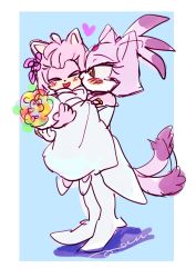 Rule 34 | 2girls, alternate costume, amy rose, animal ears, blaze the cat, blue background, blush, bouquet, carrying, cat ears, closed eyes, couple, dress, female focus, flower, full body, furry, furry female, hands around neck, heart, highres, jewelry, multiple girls, pam3le, princess carry, ring, simple background, sonic (series), standing, tail, tail wagging, wedding dress, wedding ring, white dress, white footwear, wife and wife, yuri