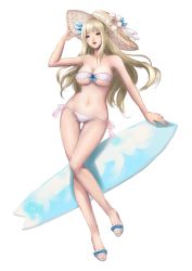 Rule 34 | 1girl, absurdres, adjusting clothes, adjusting headwear, bikini, blonde hair, blue eyes, breasts, cleavage, eshan, groin, hat, highres, large breasts, lexington (warship girls r), long hair, navel, red lips, sketch, solo, straw hat, surfboard, swimsuit, warship girls r, white background