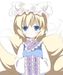 Rule 34 | 1girl, blonde hair, blue eyes, blush, curtain (posuinochuanglian), female focus, fox tail, hands in opposite sleeves, multiple tails, no nose, short hair, simple background, sketch, solo, standing, sweatdrop, tail, touhou, upper body, white background, yakumo ran