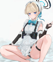 Rule 34 | 1girl, apron, black gloves, black leotard, blonde hair, blue archive, blue bow, blue bowtie, blue eyes, blue ribbon, bow, bowtie, breasts, bun cover, chest harness, closed mouth, commentary request, dema hmw, earpiece, elbow gloves, feet out of frame, fingerless gloves, frilled hairband, frills, gloves, hair bun, hair ribbon, hairband, halo, hand up, harness, highleg, highleg leotard, highres, leotard, leotard under clothes, looking at viewer, maid headdress, medium breasts, microphone, pouch, ribbon, short hair, sidelocks, simple background, sitting, solo, spread legs, thigh strap, thighs, toki (blue archive), v, white background, white hairband
