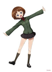 Rule 34 | 1girl, alternate costume, black footwear, black skirt, black socks, blue eyes, brown hair, commentary request, full body, girls und panzer, green jacket, jacket, loafers, long sleeves, looking at viewer, miniskirt, open mouth, outstretched arms, partial commentary, pleated skirt, pravda school uniform, realeyes mondogrosso, red shirt, sakaguchi karina, school uniform, shirt, shoes, short hair, simple background, skirt, smile, socks, solo, spread arms, standing, turtleneck, white background