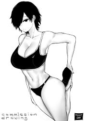 Rule 34 | 1girl, abs, bare shoulders, borrowed character, breasts, character request, cleavage, closed mouth, commission, from above, greyscale, hair over one eye, highres, large breasts, madoka (terasu mc), micro shorts, monochrome, navel, norman maggot, original, short hair, shorts, simple background, solo, sports bra, stretching, terasu mc, thighs, track uniform, white background, white footwear