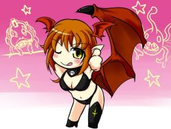 Rule 34 | 1girl, ;p, armpits, bare shoulders, breasts, chibi, cleavage, demon girl, female focus, gradient background, horns, long hair, lord of vermilion, midriff, navel, one eye closed, orange hair, pointy ears, single thighhigh, single wing, smile, solo, succubus (lord of vermilion), thighhighs, tongue, tongue out, white background, wings, wink, yellow eyes