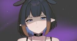 1girl bare_shoulders black_choker black_hair blue_eyes blue_hair blunt_bangs chain choker closed_mouth colored_inner_hair commentary ear_piercing hololive hololive_english ku_roiko looking_at_viewer mole mole_under_eye multicolored_hair ninomae_ina&#039;nis orange_hair piercing pointy_ears portrait short_hair sidelocks solo tentacle_hair virtual_youtuber