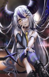 Rule 34 | 1girl, :3, bare shoulders, boots, chain, crossed legs, grey hair, hair between eyes, hair ornament, hairclip, highres, hololive, horns, la+ darknesss, long hair, looking at viewer, misekiss, multicolored hair, necktie, pointy ears, purple hair, purple nails, purple thighhighs, single thighhigh, sitting, sleeveless, smile, solo, streaked hair, thighhighs, two-tone hair, very long hair, virtual youtuber, yellow eyes