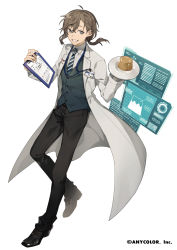 Rule 34 | 1boy, alternate costume, aqua vest, clipboard, coat, copyright notice, food, full body, grey eyes, hair between eyes, holding, holding plate, holographic interface, id card, kanae (nijisanji), kiragera, lab coat, light brown hair, long hair, long sleeves, looking at viewer, low ponytail, male focus, mole, mole under eye, necktie, nijisanji, official art, plate, pudding, simple background, smile, standing, striped necktie, virtual youtuber, white background, white coat