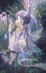 Rule 34 | 1boy, absurdres, alternate costume, alternate hairstyle, bishounen, bug, butterfly, butterfly on hand, facial mark, forehead mark, forest, genshin impact, highres, insect, long hair, looking at viewer, male focus, nature, outdoors, outstretched hand, parted bangs, purple butterfly, purple eyes, purple hair, reaching, reaching towards viewer, scaramouche (genshin impact), semi-transparent, solo, upper body, xiannu168