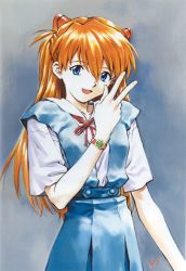 Rule 34 | 1girl, :d, absurdres, blue eyes, breasts, buttons, collared shirt, cowboy shot, hair between eyes, hair ornament, happy, highres, long hair, looking at viewer, neck ribbon, neon genesis evangelion, official art, open mouth, orange hair, pleated skirt, red hair, ribbon, sadamoto yoshiyuki, scan, school uniform, serafuku, shirt, short sleeves, signature, simple background, skinny, skirt, small breasts, smile, solo, souryuu asuka langley, suspender skirt, suspenders, two side up, v, watch, wristwatch