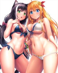 Rule 34 | 2girls, ahoge, animal ear fluff, animal ears, asymmetrical docking, bare shoulders, bikini, bikini pull, black hair, blue eyes, blush, braid, breast press, breasts, cameltoe, cat ears, cat girl, cat tail, cleavage, cleft of venus, clothes pull, cowboy shot, fang, green eyes, groin, hair between eyes, hair ribbon, hand up, karyl (princess connect!), karyl (summer) (princess connect!), lambda (kusowarota), large breasts, long hair, looking at viewer, low twintails, multicolored hair, multiple girls, navel, open mouth, orange hair, pecorine (princess connect!), pecorine (summer) (princess connect!), princess connect!, red ribbon, ribbon, shiny skin, side-tie bikini bottom, simple background, small breasts, smile, stomach, streaked hair, swimsuit, tail, toned, twintails, very long hair, white background, white bikini, white hair