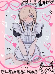 Rule 34 | 1girl, alternate costume, anger vein, animal ear fluff, animal ears, apron, arms between legs, barefoot, blonde hair, blue archive, blush, border, bow, bowtie, center frills, clenched teeth, dated, dog ears, enmaided, frills, frown, grey background, grey eyes, hair intakes, hair over one eye, halo, heart, highres, kanna (blue archive), long bangs, long hair, looking at viewer, maid, maid apron, maid headdress, nose blush, parted bangs, pink border, sharp teeth, short sleeves, sitting, solo, sweat, teeth, uumi hinata, variant set, wariza, white bow, white bowtie, wrist cuffs
