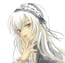 Rule 34 | 00s, 1girl, close-up, hairband, hand on own face, lolita hairband, mizunomoto, rozen maiden, simple background, solo, suigintou, upper body, white background