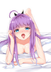Rule 34 | 1girl, absurdres, ahoge, azur lane, bad id, bad pixiv id, black ribbon, blue eyes, blush, breasts, catnnn, drooling, hair ornament, hair ribbon, highres, long hair, looking at viewer, lying, medium breasts, nude, on stomach, open mouth, ponytail, purple hair, revision, ribbon, saliva, solo, tashkent (azur lane), tears, tongue, tongue out