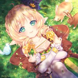Rule 34 | 1girl, animal, asymmetrical legwear, bad id, bad pixiv id, bird, black flower, blonde hair, breasts, brown cape, cape, cleavage, closed mouth, commission, day, drill hair, dutch angle, elf, flower, grass, green eyes, green legwear, hair flower, hair ornament, harp, instrument, knees up, long hair, lying, medium breasts, mismatched legwear, nami (nyaa), hugging object, on back, on grass, original, outdoors, pointy ears, rabbit, shade, shirt, smile, solo, twin drills, white legwear, white shirt