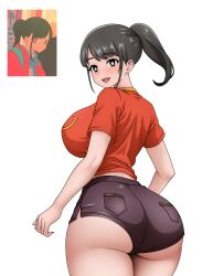 Rule 34 | 1girl, :d, absurdres, alternate breast size, alternate costume, ass, black eyes, black hair, black shorts, breasts, bright pupils, clothes pull, girlfriend (yoru mac), gluteal fold, highres, huge ass, large breasts, long hair, looking at viewer, looking back, mcdonald&#039;s, open mouth, ponytail, product girl, pzpana, red shirt, reference inset, shirt, short sleeves, shorts, shorts pull, smile, solo, thick thighs, thighs, wide hips, yoru mac