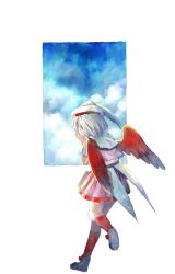 Rule 34 | 1girl, absurdres, book, bow, cloud, collar, ears visible through hair, facing away, hand to head, hat, highres, hollow song of birds, looking away, painting (medium), pink skirt, pink vest, red socks, shirt, shoe soles, shoes, short hair, short sleeves, skirt, sky, socks, solo, tailcoat, torisumi horou, traditional media, vest, violence usagi, watercolor (medium), white footwear, white hair, white shirt, white sleeves, wings