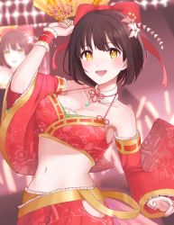 Rule 34 | 10s, 1girl, bare shoulders, black hair, blush, breasts, hand fan, folding fan, hair ornament, highres, idolmaster, idolmaster cinderella girls, japanese clothes, large breasts, looking at viewer, midriff, monotiina, navel, open mouth, short hair, smile, solo, takafuji kako, yellow eyes, zoom layer