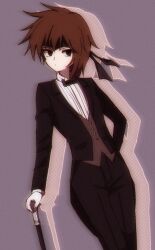 Rule 34 | 1other, androgynous, atoymk, black bow, black bowtie, black jacket, black pants, bow, bowtie, brown eyes, brown hair, brown vest, cane, chromatic aberration, closed mouth, drop shadow, expressionless, film grain, formal, highres, holding, holding cane, jacket, kurohebi, len&#039;en, long sleeves, looking at viewer, open clothes, open jacket, other focus, pants, purple background, shirt, short hair, simple background, solo, tuxedo, vest, white shirt