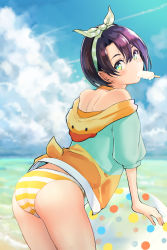 Rule 34 | 1girl, artist logo, ass, ball, beach, beachball, bikini, bikini under clothes, black hair, blue eyes, blue jacket, blue sky, blush, cloud, cloudy sky, commentary, contrail, cowboy shot, day, duck hood, fake tail, food, food in mouth, from behind, from side, green eyes, hair between eyes, hairband, highres, hololive, hood, hooded jacket, jacket, leaning forward, looking at viewer, looking back, mouth hold, multicolored clothes, multicolored eyes, multicolored jacket, ocean, official alternate costume, oozora subaru, oozora subaru (hololive summer 2019), orange bikini, orange jacket, outdoors, parted bangs, polka dot, polka dot hairband, popsicle, shiratama (komekiti10), short hair, sky, solo, striped bikini, striped clothes, swimsuit, tail, thighs, two-tone jacket, virtual youtuber