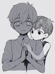 Rule 34 | 2boys, blood, blood on clothes, collared shirt, expressionless, greyscale, highres, holding, holding knife, knife, looking at another, looking at viewer, monochrome, multiple boys, nervous sweating, omori, omori (omori), parted lips, sebon (sebochin), shirt, short hair, short sleeves, spoilers, suicide, sunny (omori), sweat