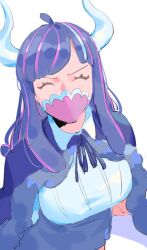Rule 34 | 1girl, ahoge, blue cape, blue hair, blue skirt, cape, closed eyes, collared shirt, covered mouth, curled horns, dinosaur girl, horns, long hair, mask, mouth mask, multicolored hair, one piece, pink hair, pink mask, raine (acke2445), shirt, skirt, solo, streaked hair, ulti (one piece), white shirt