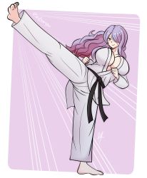 Rule 34 | 1girl, absurdres, alternate costume, artist name, barefoot, belt, black belt, breasts, camilla (fire emblem), cleavage, closed mouth, commentary, dougi, feet, female focus, fire emblem, fire emblem fates, fire emblem if, full body, hair over one eye, highres, intelligent systems, karate, kicking, large breasts, light purple hair, long hair, looking at viewer, martial arts belt, motion lines, nintendo, open clothes, purple eyes, raydango, signature, simple background, smile, solo, toes, underboob, watermark