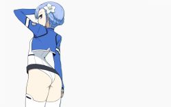 Rule 34 | 10s, 1girl, arched back, arm up, ass, belt, blue hair, bodysuit, braid, female focus, fin e ld si laffinty, flower, french braid, hair flower, hair ornament, highres, long sleeves, looking at viewer, looking back, profile, purple eyes, rinne no lagrange, short hair, simple background, solo, standing, thighhighs, ueyama michirou, wallpaper, white background, white thighhighs