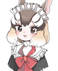 Rule 34 | 1girl, absurdres, animal ears, bow, bowtie, brown eyes, brown hair, chipmunk ears, chipmunk girl, dress, extra ears, highres, kanmoku-san, kemono friends, kemono friends 3, looking at viewer, maid, maid headdress, open mouth, short hair, siberian chipmunk (kemono friends), simple background, solo, white background, white hair