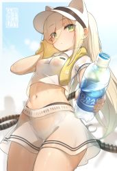 Rule 34 | 1girl, absurdres, animal ears, ash arms, blonde hair, bottle, breasts, cable, cable tail, collared shirt, cowboy shot, crop top, hair over one eye, highres, holding, holding bottle, holding towel, long hair, looking at viewer, mechanical tail, navel, parted lips, ponytail, see-through, shirt, short sleeves, signature, skirt, small breasts, solo, standing, sweat, tail, thank you, thighs, towel, undeedking, visor cap, vk16.02 leopard (ash arms), water bottle, wet, white shirt, white skirt, yellow eyes