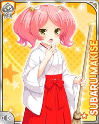 Rule 34 | 1girl, :o, bow, fang, girlfriend (kari), holding, japanese clothes, kimono, makise subaru, miko, official art, open mouth, pink hair, qp:flapper, red bow, red skirt, skirt, solo, tagme, twintails, white kimono, yellow background, yellow eyes