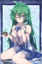 Rule 34 | 1girl, ahoge, bare shoulders, blue eyes, blue skirt, blush, breasts, chiroru (cheese-roll), collared shirt, commentary request, detached sleeves, flower pot, frog hair ornament, green hair, hair between eyes, hair ornament, heart, heart-shaped pupils, highres, kochiya sanae, large breasts, long hair, long sleeves, looking at viewer, one eye closed, shirt, shovel, sitting, skirt, smile, snake hair ornament, solo, symbol-shaped pupils, touhou, v, wariza