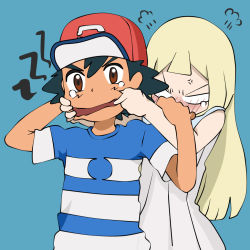 Rule 34 | 1boy, 1girl, angry, ash ketchum, black hair, blonde hair, blush, brown eyes, creatures (company), dress, eyebrows, finger in another&#039;s mouth, game freak, hat, lillie (pokemon), mouth pull, nintendo, open mouth, pokemon, pokemon (anime), pokemon sm (anime), shirt, short hair, simple background, suzuno (saru grdz), t-shirt, upper body