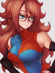 Rule 34 | 1girl, android 21, black-framed eyewear, blue eyes, breasts, checkered clothes, checkered dress, detached sleeves, dragon ball, dragon ball fighterz, dress, earrings, glasses, grey background, hair between eyes, hoop earrings, jewelry, kemachiku, long hair, looking to the side, medium breasts, red hair, simple background, solo
