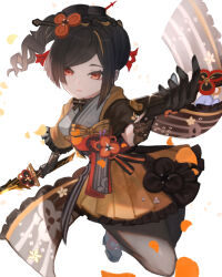 Rule 34 | 1girl, black footwear, black gloves, black pantyhose, braid, brown hair, chiori (genshin impact), closed mouth, commentary request, drill hair, dual wielding, genshin impact, gloves, hair ornament, hairpin, haori, highres, holding, holding sword, holding weapon, japanese clothes, knee up, medium hair, orange petals, orenji (user psvf2344), pantyhose, red eyes, side drill, simple background, solo, sword, weapon, white background