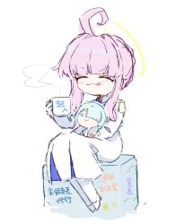 Rule 34 | 1girl, :3, :q, ahoge, az79709363, blue archive, braid, braided bun, character doll, closed eyes, coffee mug, commentary request, cup, doll, general student council president (blue archive), hair bun, halo, highres, holding, holding cup, holding doll, kaya (blue archive), mug, pink hair, single hair bun, sitting, skirt, solo, tongue, tongue out, translation request, white skirt