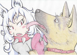 Rule 34 | 1girl, absurdres, animal ears, blue hair, blush, licking another&#039;s cheek, collar, commentary request, dog, dog child (doitsuken), dog ears, doitsuken, licking another&#039;s face, german shepherd, grey shirt, highres, licking, long hair, looking at another, open mouth, original, red eyes, scan, shirt, slit pupils, spiked collar, spikes, traditional media